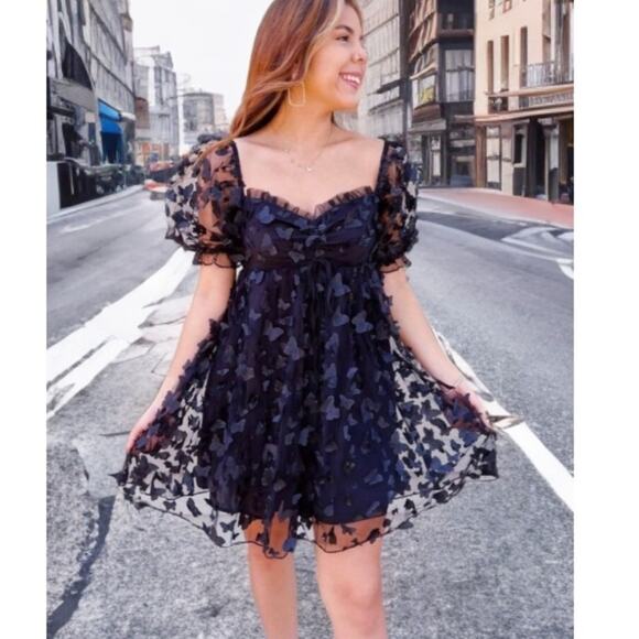 Sheer Sleeve 3D Butterfly Babydoll Whimsigoth Dark Romantic Dress Womens S - Picture 2 of 9